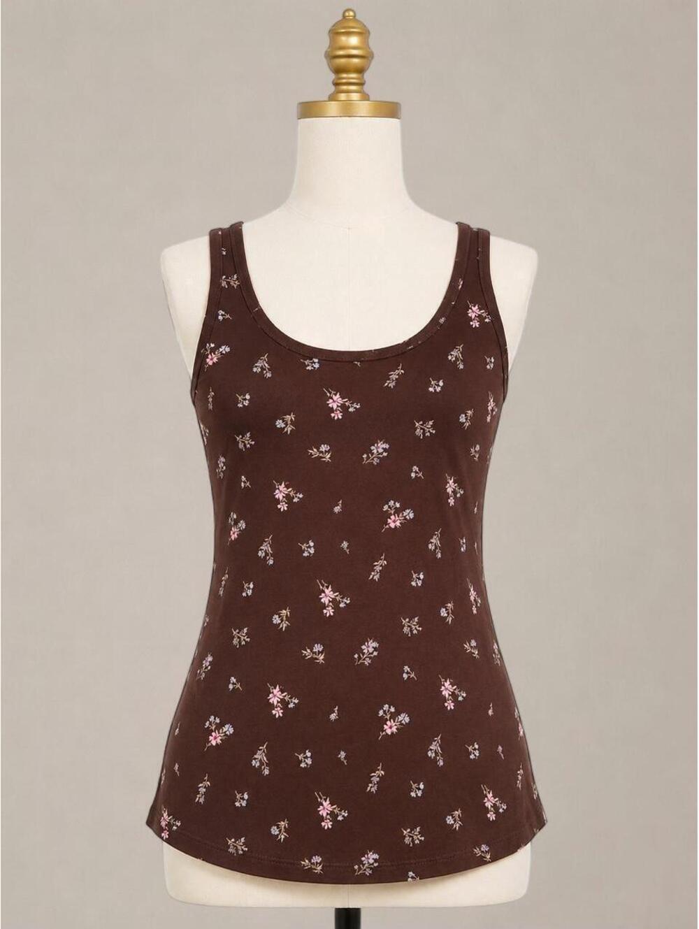 No Boundaries Brown Floral Tank Top Y2K Soft Girl Coquette Stretch Cami XS